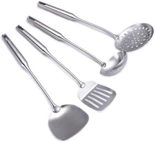 Stainless steel kitchenware set with extra-long handles
