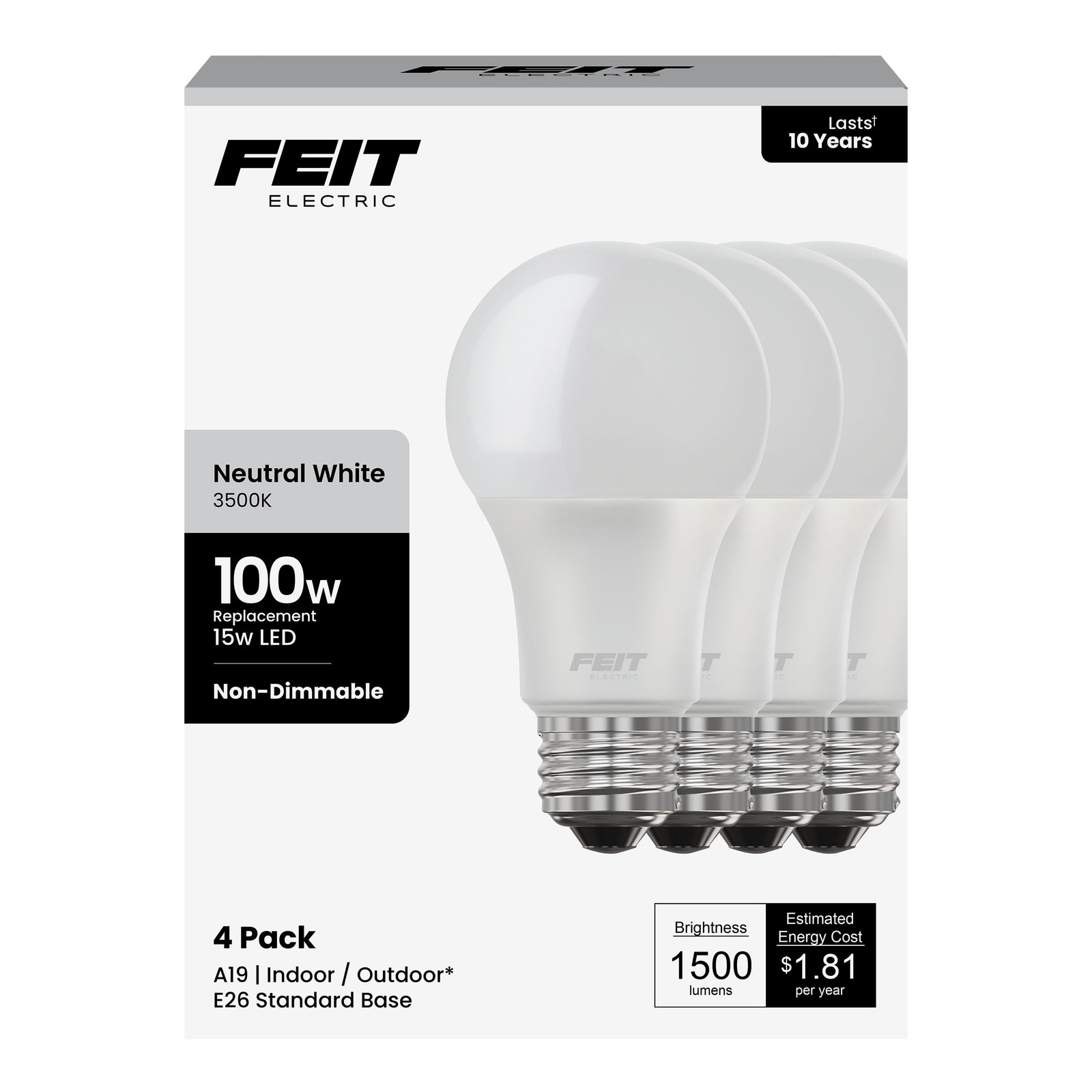 Feit Electric A19 LED Light Bulbs, 4 Count (Pack of 1), 3500
