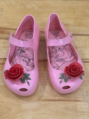 Mini Melissa Beauty & The Beast pink Mary Jane s with rose size 12 girls shoes