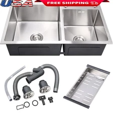 Double Bowl Stainless Steel Kitchen Sink Noise Reduction Drain Kit Included New
