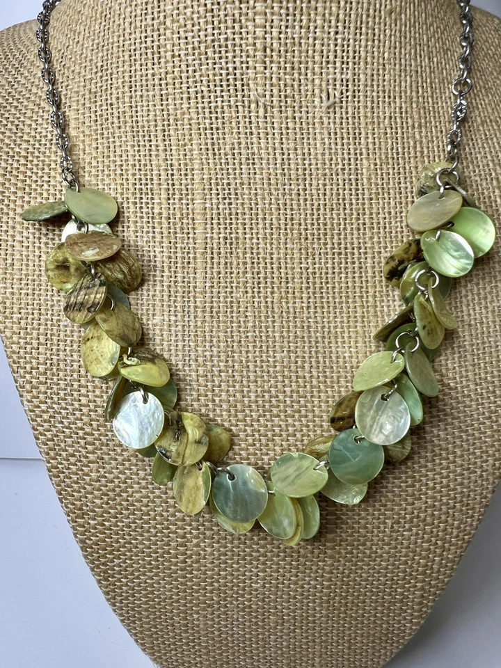 Collar Babero Disco Concha Verde Tono Plata Ajustable Boho Playa Joyería 25p Foto 4 de 4