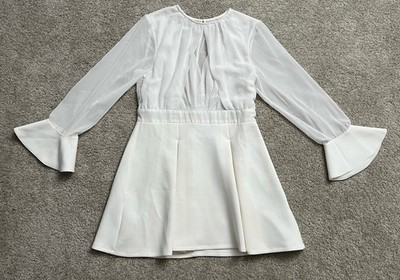 Venus Womens A Line Dress White Keyhole Mini Jewel Neck Long Sleeve Flare US 14