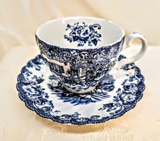 Johnson Brothers Coaching Scenes Teacup Saucer Blue Transferware Floral Interior