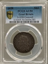 1658 Shilling, Oliver Cromwell. PCGS AU50, VERY RARE
