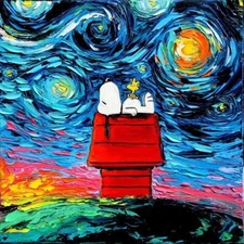 Charles Schulz Snoopy Starry Night HD Canvas Print Home Decor Wall Art Picture.