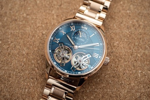 Reloj mecánico automático esqueleto de lujo para hombre doble volante acero inoxidable - Imagen 6 de 12