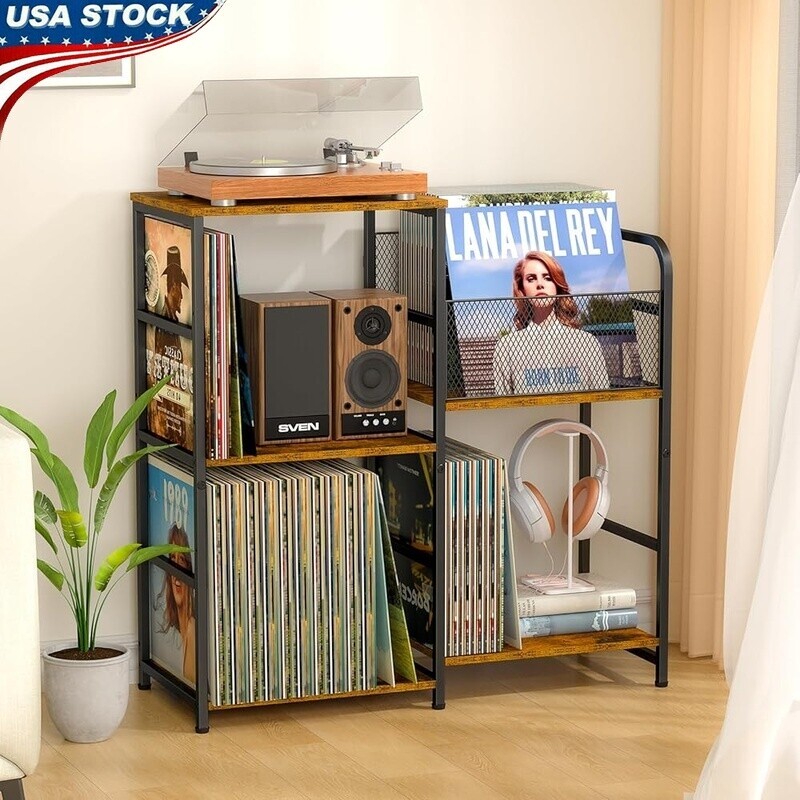 Wooden Record Player Stand with Vinyl Storage Holds 300 Albums Turntable Organizer Table-image