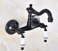 Oil Rubbed Bronze Bathroom Basin Sink Faucet Dual Handles Mixer Tap Wall Mount