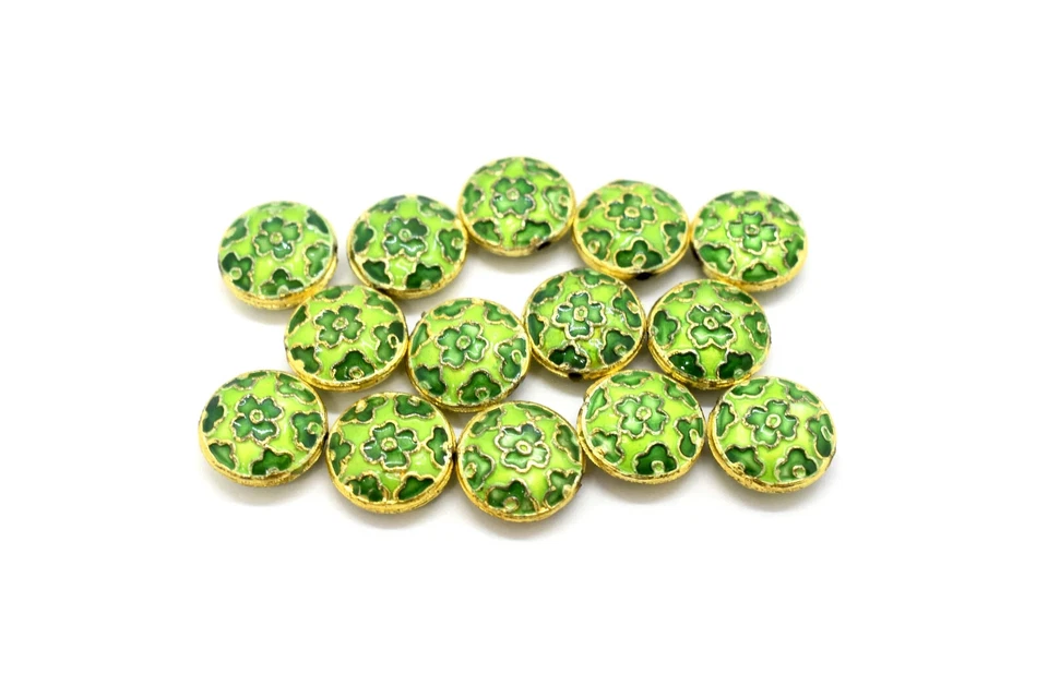 Cuentas de monedas florales Cloisonne 13 mm x 5 mm, agujero de 1,2 mm, 14 piezas, CL-54,55,56 Foto 3 de 4