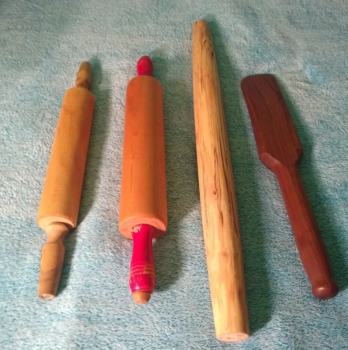 Vintage Wooden Rolling Pin Lot Of 3 ( 1 w/Red Handles ) & Paddle Server Spatula