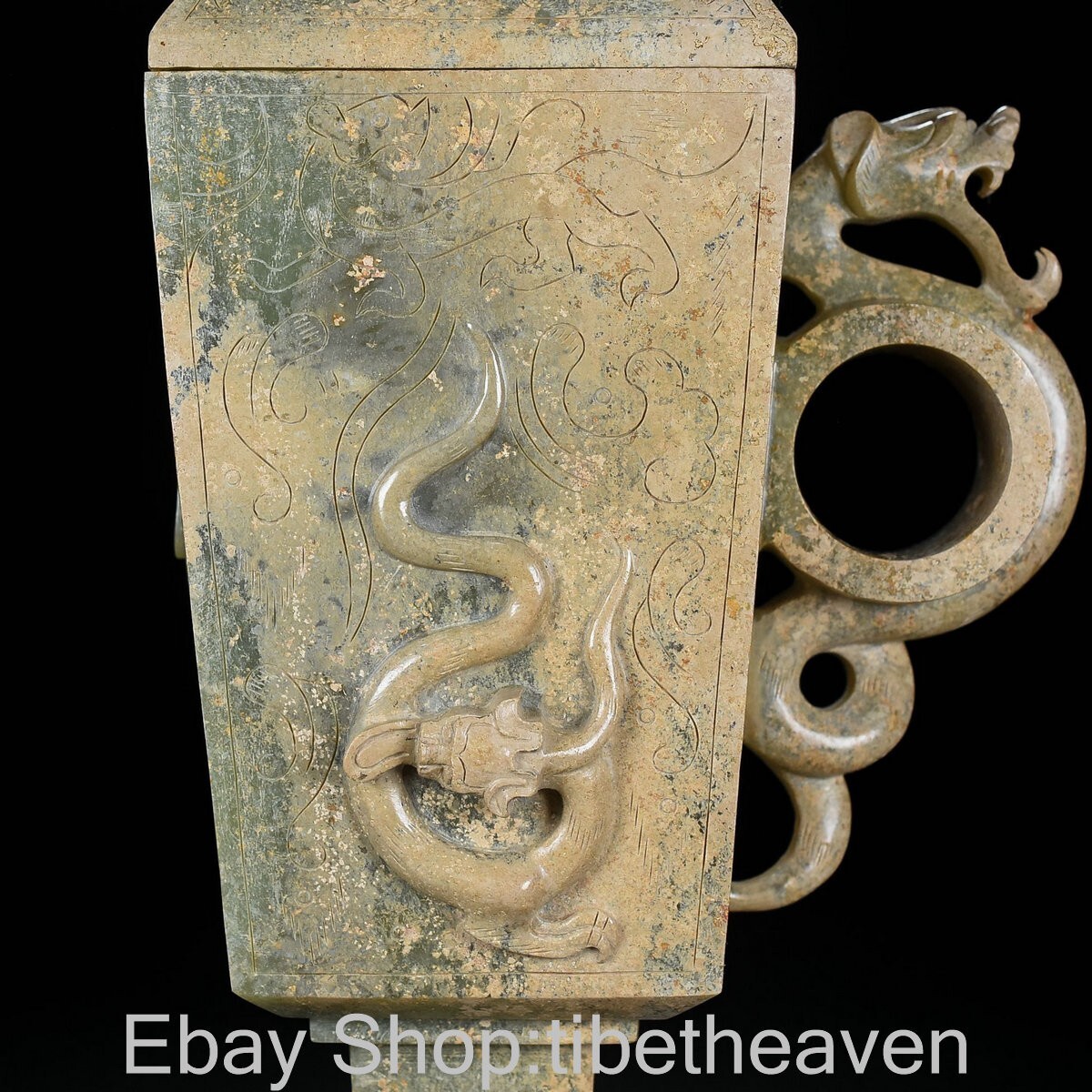 8.2" Old Chinese Hetian Jade Craving Fengshui Dragon Beast Sculpture Echelon Cup