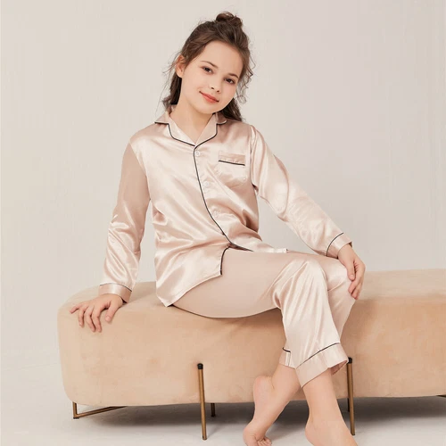 New Kids Boys Girls Silk Pajamas Long Sleeve Satin PJs Sets Nightwear Sleepwear - Picture 30 of 83