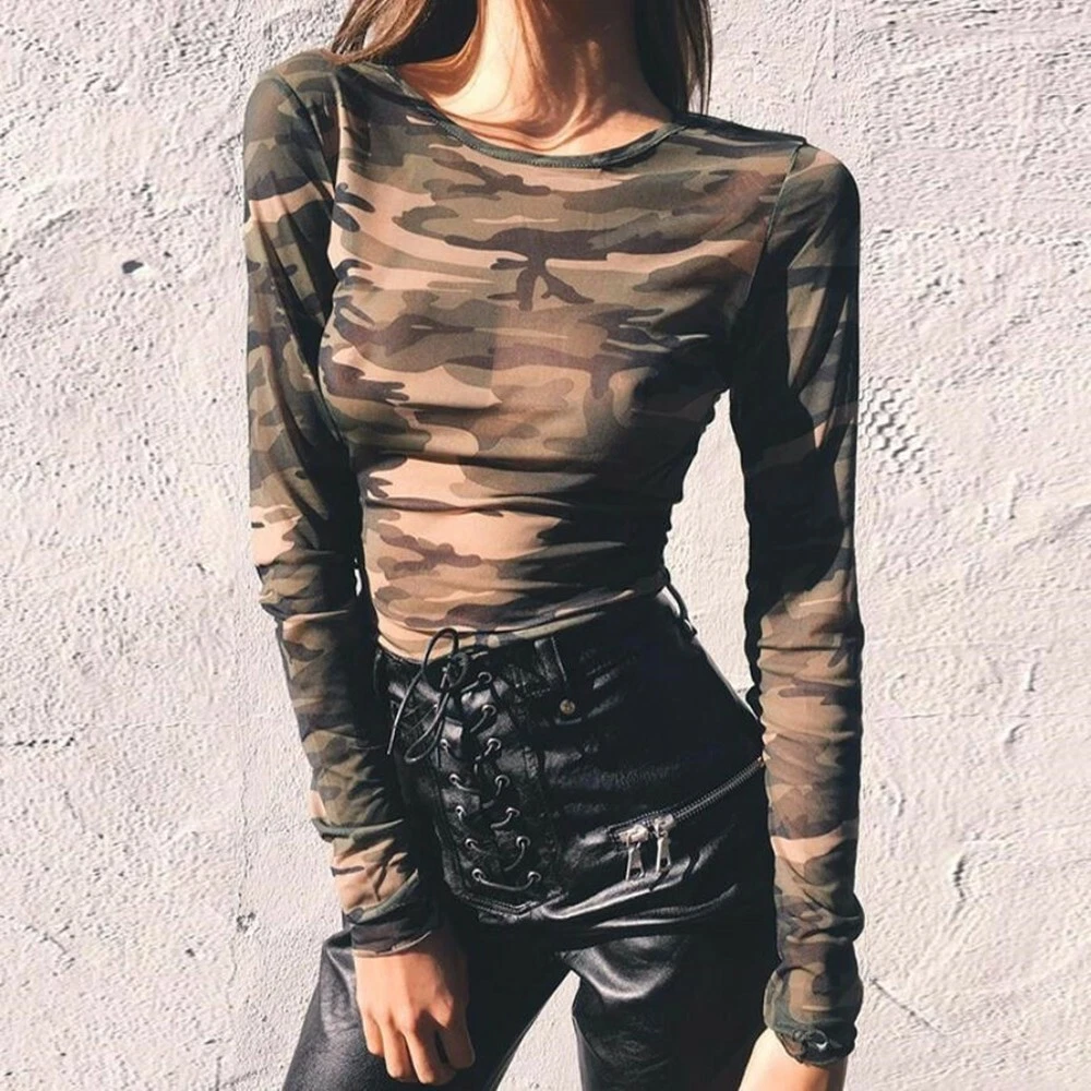 Women Sexy Long Sleeve Tops Chic Short Tee Mesh Shirts Camouflage T-Shirt  Party