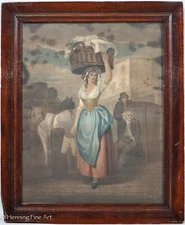 Beautiful Antique Engraving of Woman with Hand Wove Baskets and Horses