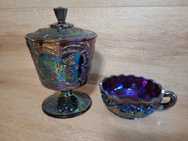Vintage FENTON Amethyst Carnival Glass "Wild Strawberry" & Smith Candy Dish