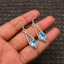 Natural Blue Topaz 925 Sterling Silver Long Dangle Teardrop Earrings Handmade
