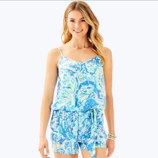 Lilly Pulitzer Deanna Tank Top Tie Waist Romper Bennett Blue Salty Seas Size...