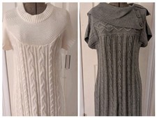 TWO Women's New Directions Short Sleeve Sweater Dresses XL Winter White & Grey