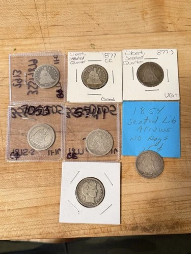 Lot of 7 Liberty Seated Quarters Better Dates US 25c Silver Coins CC, S Mint Etc