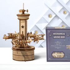 ROKR 3D Wooden Puzzle Mechanical Music Box Airplane Control Tower AMK41 DIY Gift