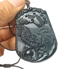 Chinese handmade carving Natural Obsidian Zodiac chicken Pendant
