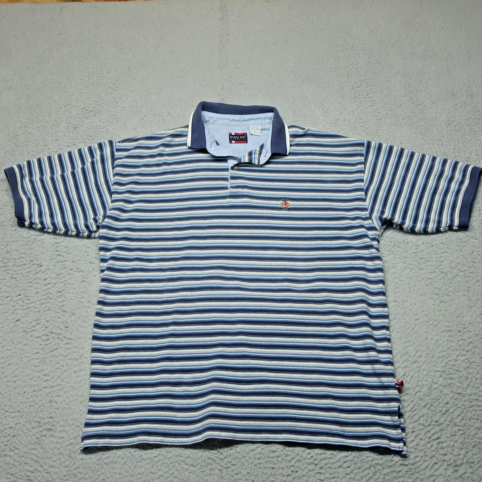 Vintage Bugle Boy Classic Fit Polo Shirt Mens Large 46X27 Gray & Blue Striped