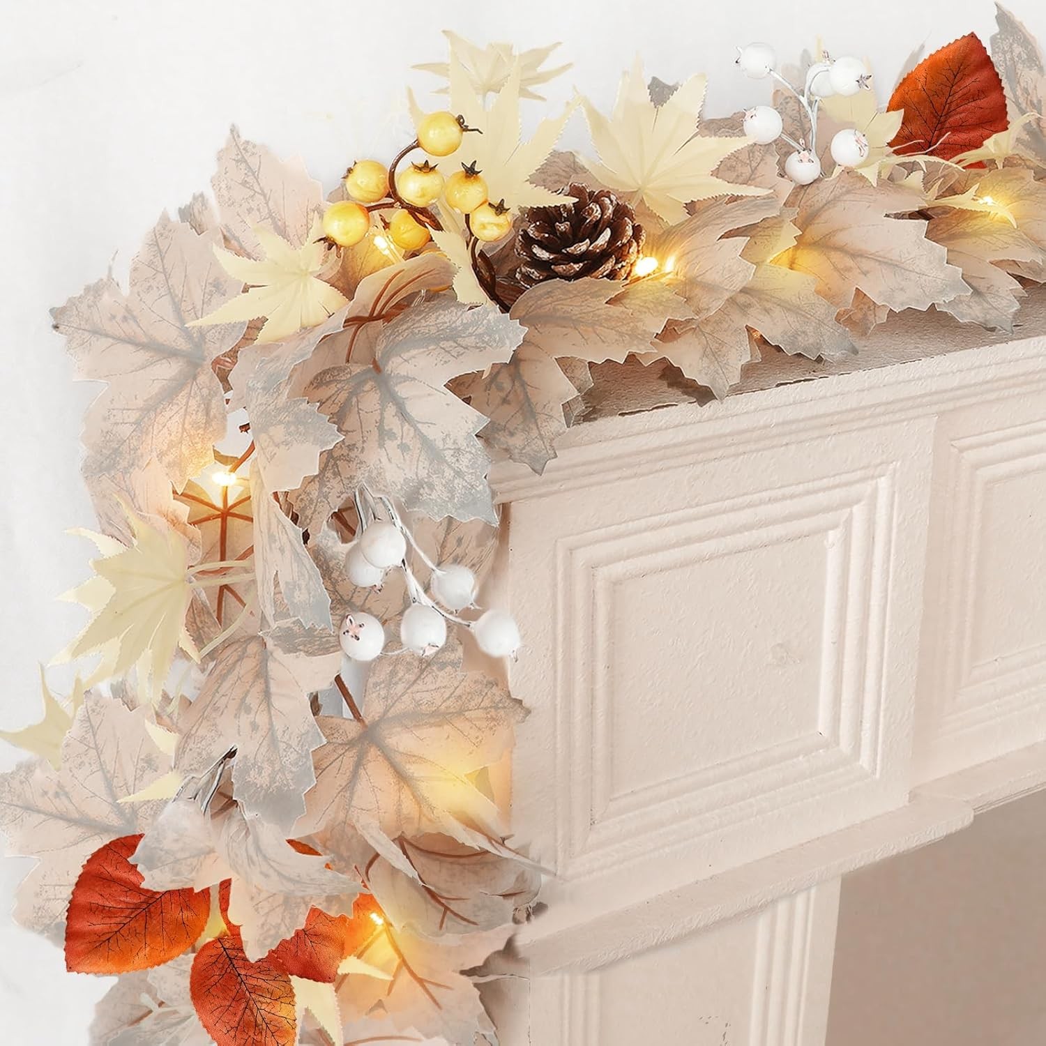 6Ft Pre-Lit Beige Fall Garland Timer Home Decor