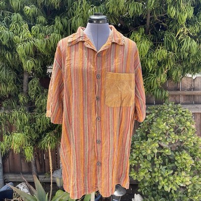 Vintage Kathmandu Imports Cotton Stripe Peace Shirt Men's XL Multicolor Pocket