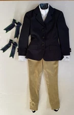 RJ CLASSICS Navy Equestrian Show Jacket White Shirt  Breeches YOUTH Sz 6 R