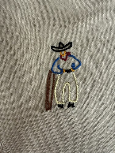 Antique Embroidered Cowboy Napkins Fine Cotton Set Of 4