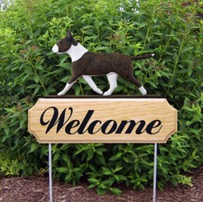 Bull Terrier Wood Welcome Outdoor Sign Brindle