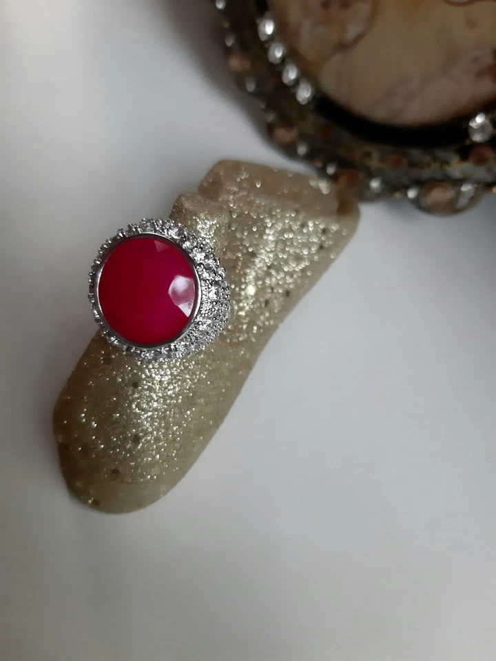 Messing Ring rhodiniert mit Himbeer Chalcedon°. - Bild 3 von 4