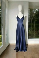 Davids Bridal Formal Blue Long Dress Satin Spaghetti Strap With Leg Slit  S 7/8