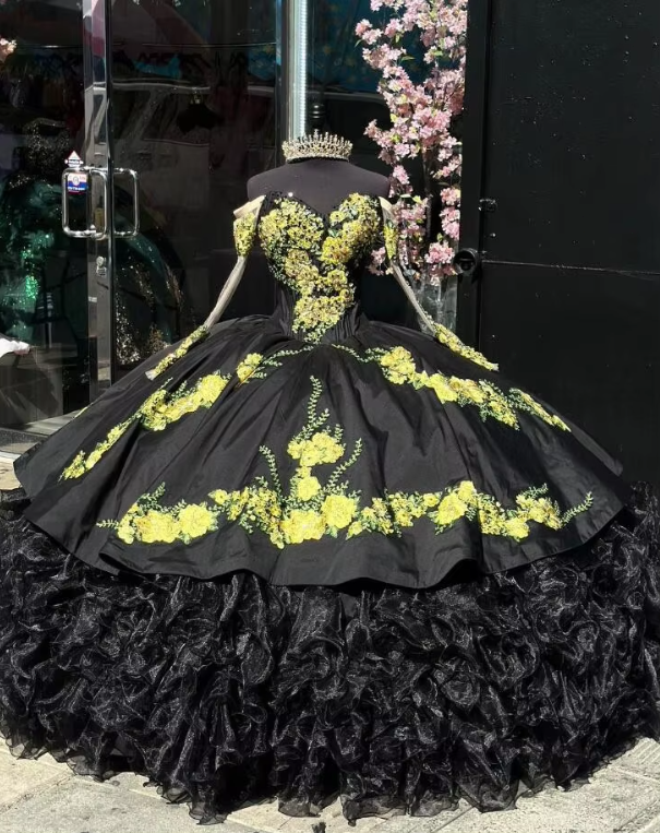 black quinceanera dresses with sleeves Gothic Ball Gown Sparkly Off The Shoulder Dress – alinanova main image 1