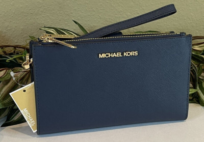 MICHAEL KORS JET SET TRAVEL DOUBLE ZIP WALLET PHONE CASE WRISTLET NAVY BLUE GOLD
