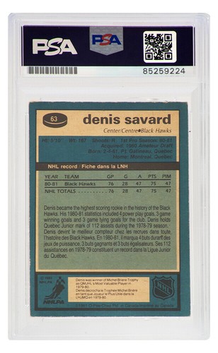 Denis Savard Signed Blackhawks 1981 O-Pee-Chee Rookie #63 w/HOF - (PSA Slabbed) - Picture 2 of 2