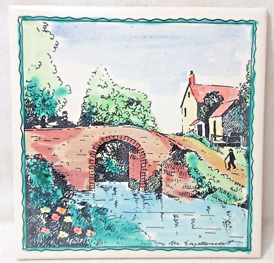 Ceramic Art Tile Landscape Bridge House 6'' Signed Art Tiles Ltd Dublin Ireland