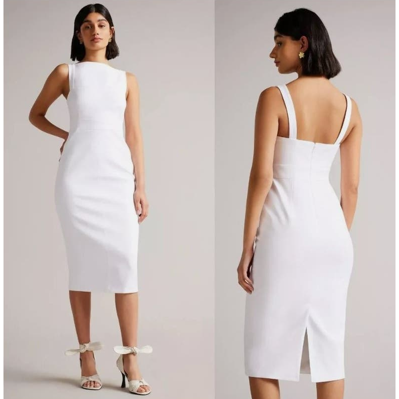 ted baker white bodycon dress NWT *TED BAKER* Women's White Klarika Midi Bodycon Cocktail Dress Size 0/US  2