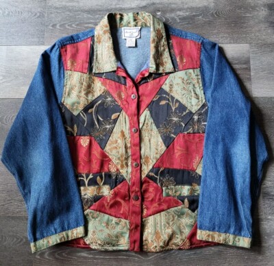 April Cornell Womens Denim Jacket Brocade Patchwork Ladies Medium Button Front