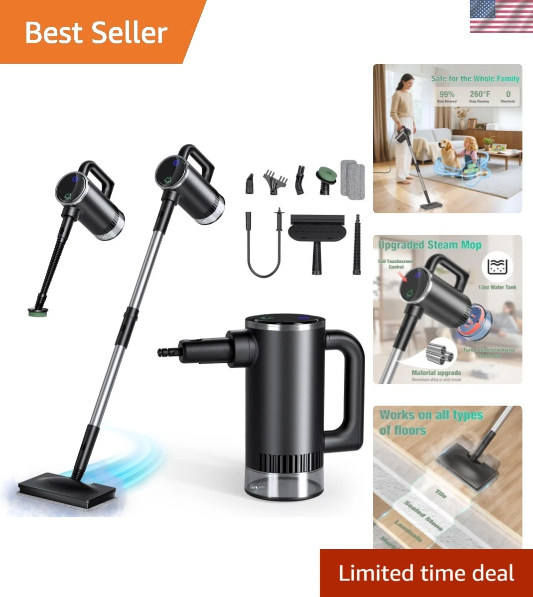 11-in-1 Steam Mop - Detachable Handheld Steam Cleaner with 380mL Tank, 260℉ F...