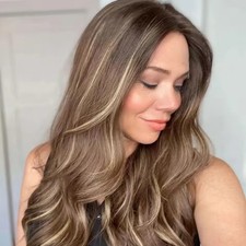 Dark Chestnut Brown with Blonde Highlight Wave 100 Human Hair Lace Front Wigs