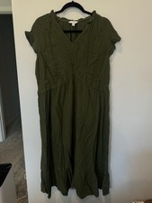 Time and Tru Women Green Cotton V-Neck Ruffle Cap Sleeve Tiered Midi Dress Size