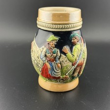 Vintage German Mini Beer Stein Relief Hunter Scene  4” Germany
