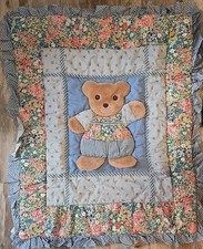 Vintage Lambs Ivy Baby Quilt Plush Bear Ruffle Crib Comforter 33x43 Blue Check