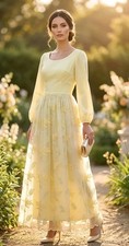 Vintage Maxi Dress Yellow Embroidery Sheer Overskirt Elegant Formal Wedding L
