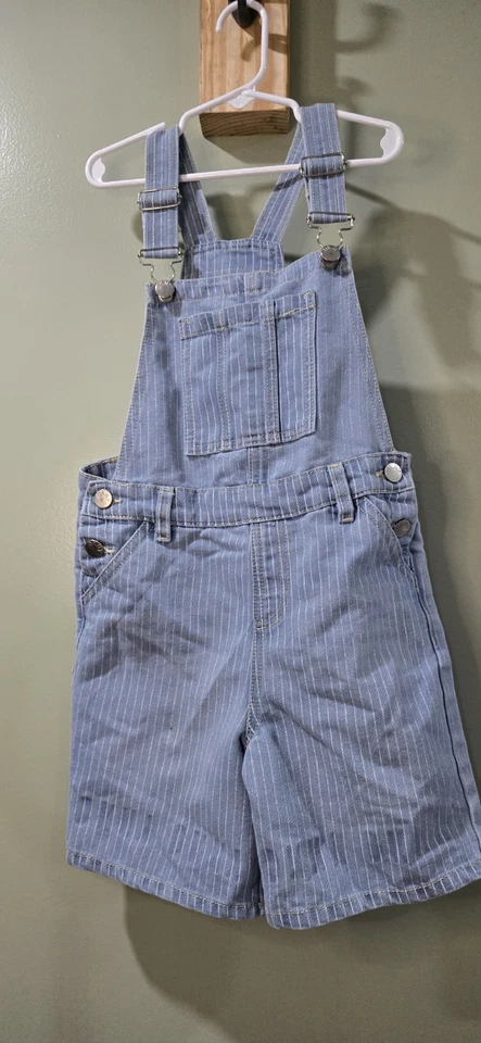 DKNY Girls Blue & White Striped Logo Overall Shorts Shortalls Size 8 - Image 2 of 4