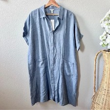 NWT Eileen Fisher Short Sleeve Linen Button Front Shirt Dress SZ XL Blue,