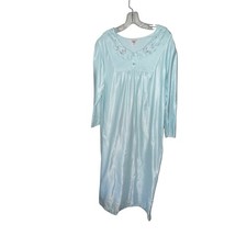 Barbizon Nightgown Small Petite Light Blue Embroidered Floral Satin Long Sleeve