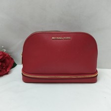 Michael Kors MF Travel Pouch In Red Leather Zipper Closure Cosmetic Bag