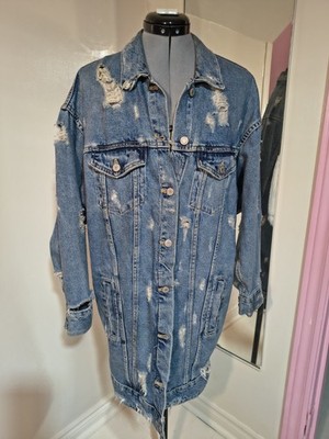 Zara Distressed Long Blue Denim Jacket